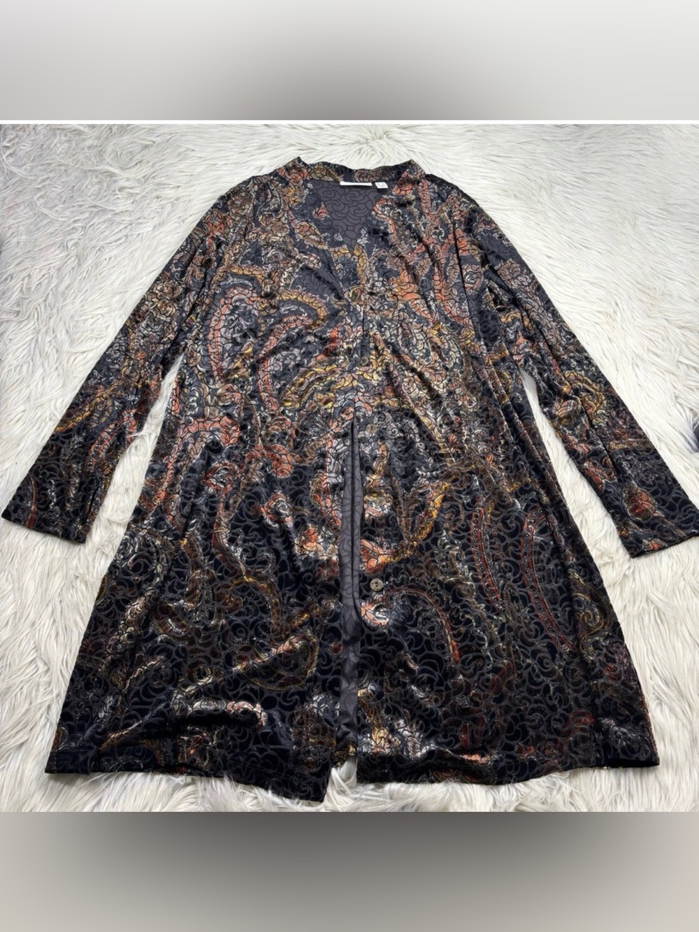 Susan Graver Women's 2X Black Floral Swirl Burn Out Velvet Long Line Cardigan